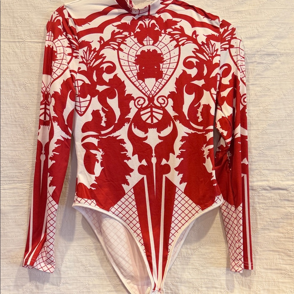 SHEIN Red and White Long-Sleeve Bodysuit